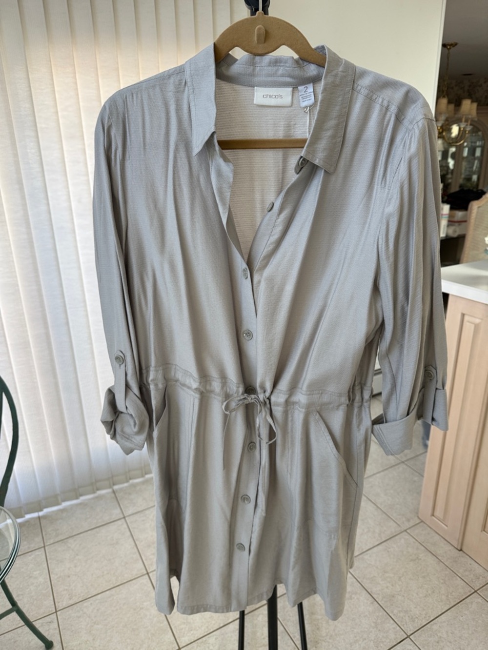 Chico's Light Gray Long-Sleeve Drawstring Shirt Dress